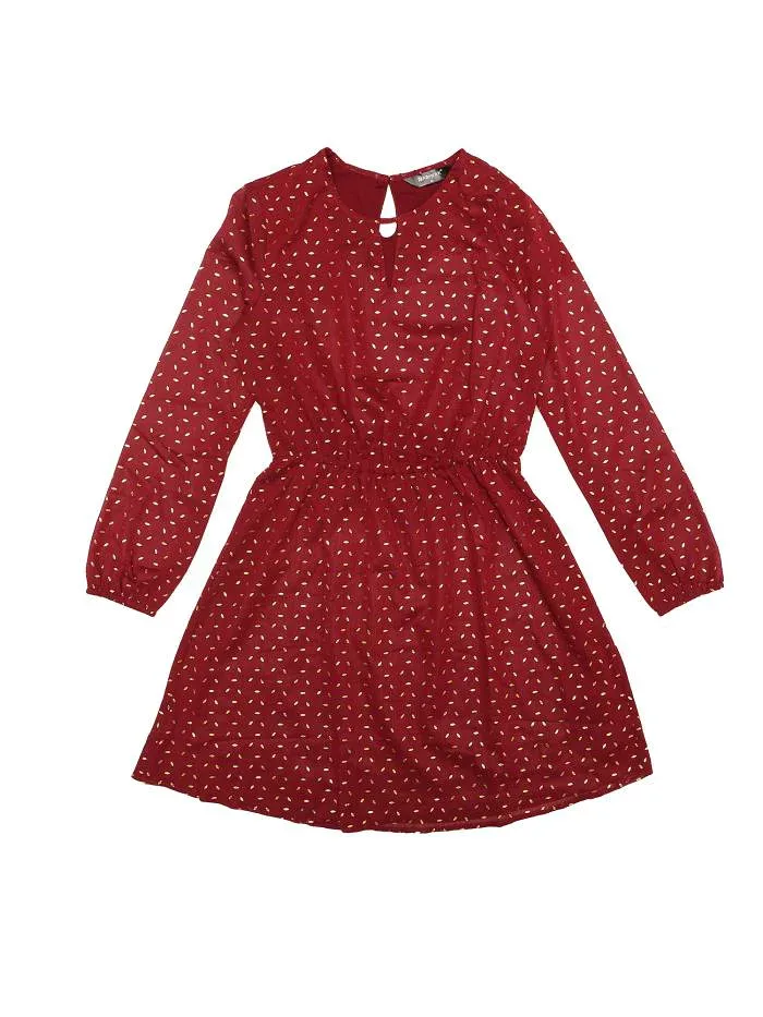 Allegra K ショートワンピース シフォン Aライン 長袖 チョーカー風Vネック メタリック シャイニー 星柄 レディース ワインレッドリーフ柄 S