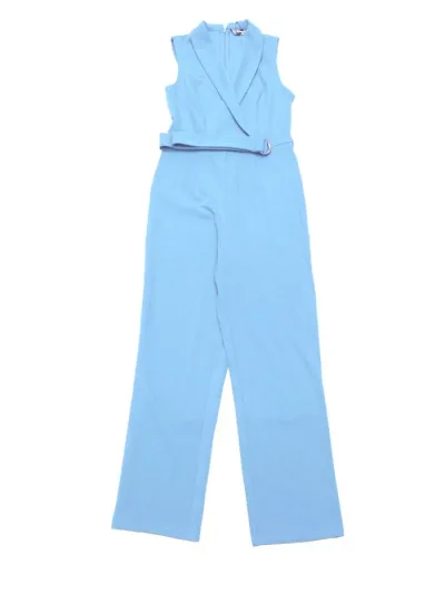 Allegra K ジャンプスーツ ロンパース サロヘ゜ットパンツ 無地 ノースリーブ Vネック オフィス ベルト付き レディース スカイブルー M