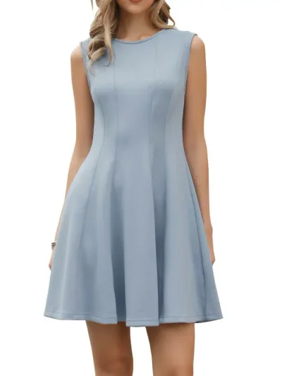 Allegra K レディース ノースリーブ ワンピース カジュアル クルーネック Aライン スイング ミニ タンクトップ ドレス グレーブルー L