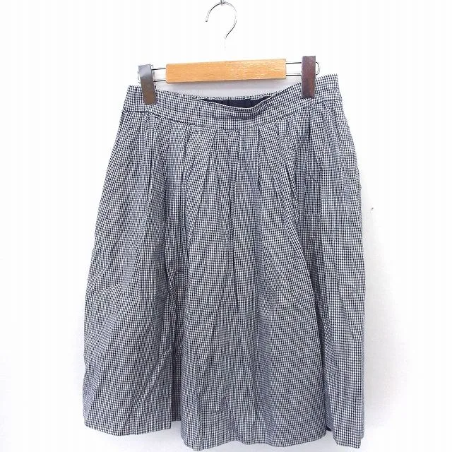 【中古】アナトリエ ANATELIER スカート チェック ギャザー ひざ丈 リネン 麻 ゴム 38 ネイビー 紺 ホワイト 白 /FT1 レディース 【ベクトル 古着】 200528 ブランド古着ベクトルプレミアム店