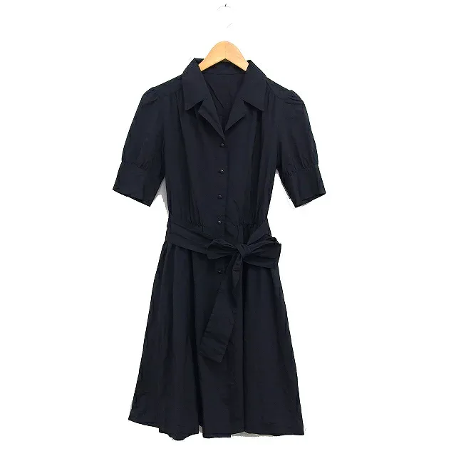 【中古】ジョルジュレッシュ GEORGES RESH オープンカラー シャツワンピース フレア ロング ギャザー リボン 五分袖 無地 38 黒 ブラック /NT14 レディース 【ベクトル 古着】 250303