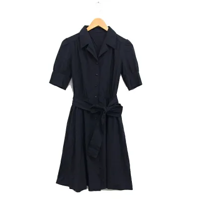 【中古】ジョルジュレッシュ GEORGES RESH オープンカラー シャツワンピース フレア ロング ギャザー リボン 五分袖 無地 38 黒 ブラック /NT14 レディース 【ベクトル 古着】 250303