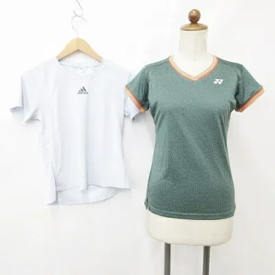 【中古】アディダス adidas ヨネックス YONEX テニス スポーツウエア シャツ 2枚セット 半袖 Vネック ジャガード 別布 丸首 プリント 吸汗速乾 緑 グリーン ブルー M レディース 【ベクトル 古着】 260630