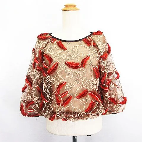 【中古】リリーブラウン Lily Brown ブラウス シャツ 七分袖 バックボタン バルーン裾 チュール フェザー柄刺繍 F ブラウン ※EKM レディース 【ベクトル 古着】 260725