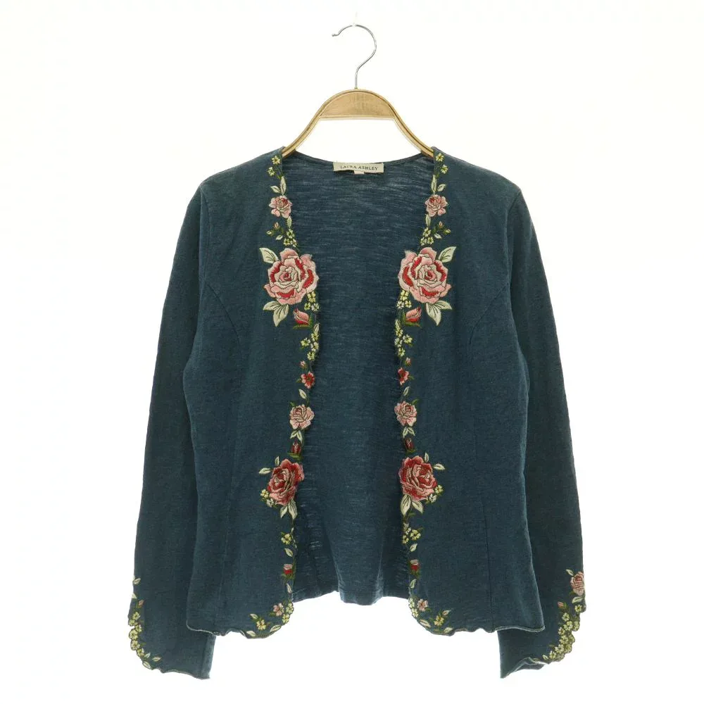 【中古】ローラアシュレイ LAURA ASHLEY 花刺繍 ニットカーディガン S ブルー /MY ■OS レディース 【ベクトル 古着】 260907