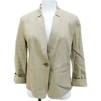 【中古】自由区 オンワード樫山 七分袖 ジャケット 38 ベージュ 無地 ボタン ストレッチ 日本製 レディース 【ベクトル 古着】 260904