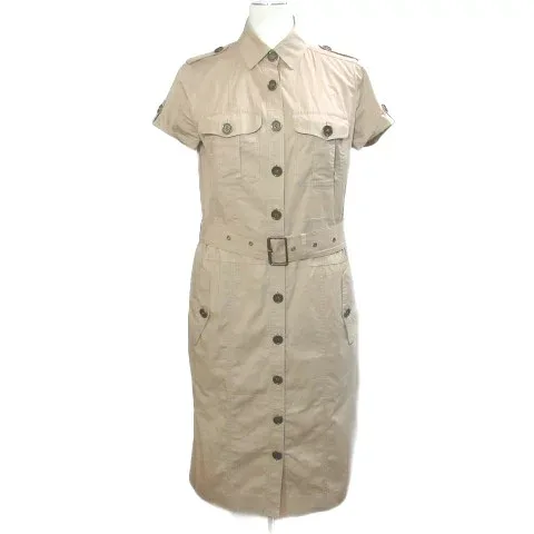 【中古】バーバリー ロンドン BURBERRY LONDON シャツワンピース ベルト付き 裏ノバチェック ロング 半袖 38 M相当 ベージュ ■IBO104 /X レディース 【ベクトル 古着】 260911