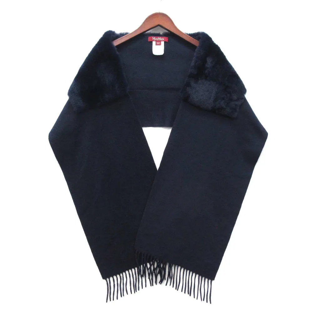 【中古】マックスマーラ ステュディオ Max Mara Studio カシミヤ100% ラビットファー付き マフラー ストール ネイビー 紺 イタリア製 レディース 【ベクトル 古着】 260807