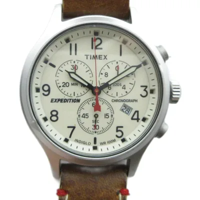 【中古】タイメックス TIMEX EXPEDITION エクスペディション 腕時計 クォーツ ウォッチ クロノグラフ カレンダー付き レザーベルト シルバー色 ■GY18 /MQ メンズ 【ベクトル 古着】 260929