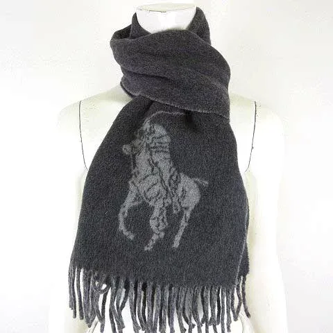 【中古】ポロ ラルフローレン POLO RALPH LAUREN マフラー ビッグポニー リバーシブル フリンジマフラー ヴァージンウール ダークグレー グレー イタリア製 メンズ レディース 【ベクトル 古着】 261009