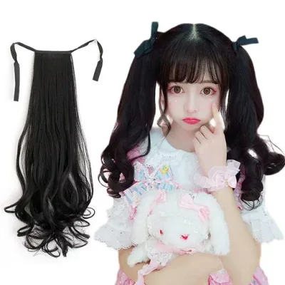 かわいい姫様 ポニーテールウィッグ レディース ポイントウィッグ ロング カール ツインテール かつら女性 ロリータ 巻き髪 ふわふわ 1本セット エクステ リボン付き