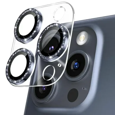 Podick カメラフィルム iPhone 15 Pro/15 Pro Max用 カメラカバー キラキラ 9H強化ガラス アルミ合金 アイフォン15プロ/15Pro Max用 カメラ保護 ピカピカ キズ防止 耐衝撃 高透過率 黒縁取り 露出オー…