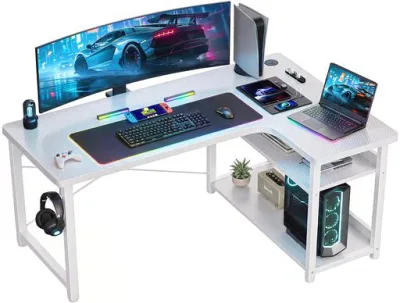 GTPLAYER ゲーミングデスク パソコンデスク L字 カーボン調 コンセント付き ラック付き モニターアーム対応 棚高さ調節可能 配線穴 右棚 79奥行き*110幅*74.5高さ DL001 白 White 机 pcデスク 勉強…