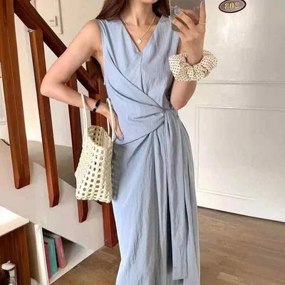 ワンピース レディース 春夏 サマー ドレス ノースリーブ 袖なし Vネック 無地 サイドリボン スリット フレンチスリーブ 膝丈 ミモレ丈 レトロ エレガント カジュアル フェミニン デイリー 普段使い お呼ばれ 通学