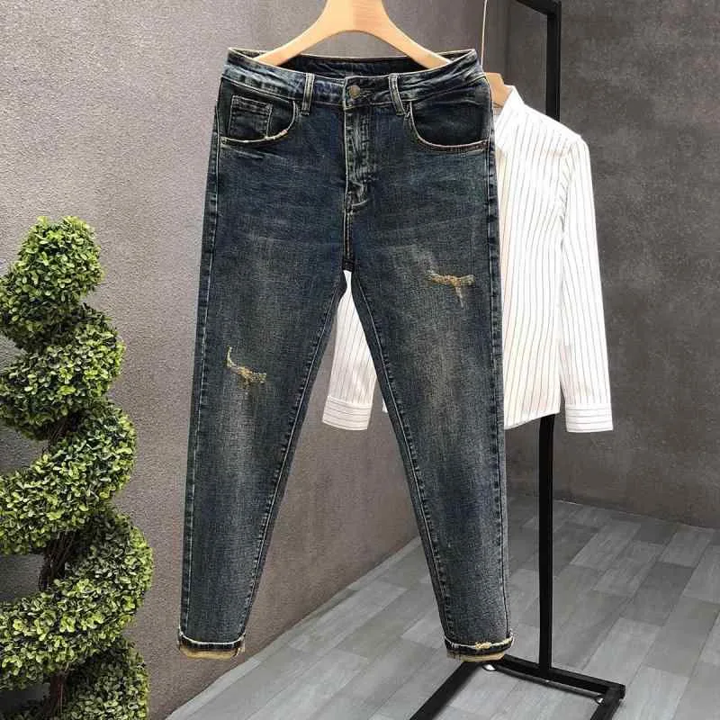 ジーンズ メンズ デニム パンツ ジーパン ロングパンツ 長ズボン ストレート ボトムス スリム タイト ダメージ ユーズド 加工 ヴィンテージ風 レトロ カジュアル アメカジ ストリート 伸縮性 普段使い 伸縮 弾力 青 ブルー