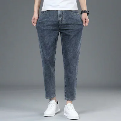 ジーンズ メンズ デニムパンツ ジーパン クロップドパンツ アンクルパンツ 九分丈 八分丈 直筒 テーパードパンツ ボトムス ズボン 男性用 紳士 伸縮性 ストレッチ カジュアル 薄手 軽量 美脚 通気性 普段使い 部屋着 春夏 ブルー ネイビー