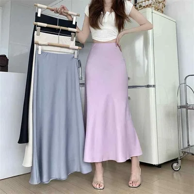 ロングスカート レディース マーメイドスカート サテン ハイウエスト ミモレ丈 ヴィンテージ風 無地 きれいめ タイトスカート マキシスカート