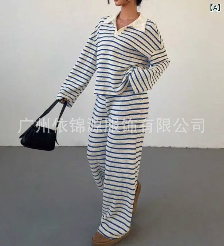 セットアップ レディース 秋冬 ニット ストライプ 襟付き 長袖 トップス ロングパンツ カジュアル 普段着 通勤通学 オフィスカジュアル ゆるっと ラフ感 上品 きれいめ 伸縮性 厚手