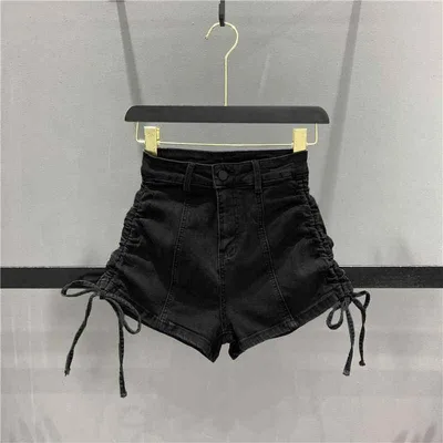 ショートパンツ レディース 黒 デニム 短パン ジーパン ハイウエスト 美脚 ストレッチ 伸縮性 薄手 シャーリング レースアップ ギャザー 裾広がり ボトムス ホットパンツ カジュアル デイリー 普段使い 春夏 サマー