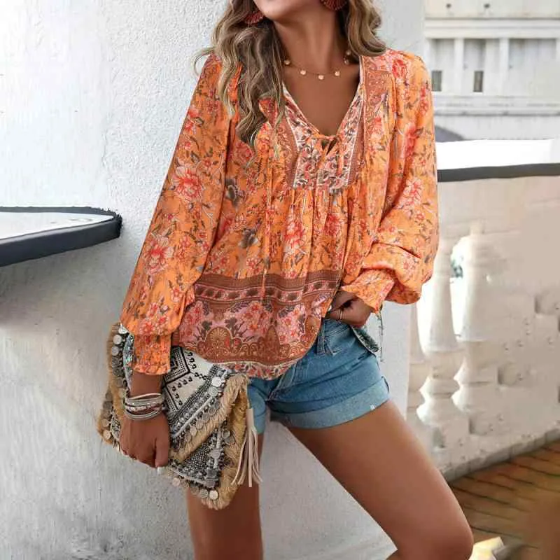 シャツ レディース 花柄 ランタンスリーブ リボン付き ブラウス 秋服 エレガント 長袖 欧米風 トップス カジュアル きれいめ おしゃれ 通勤用