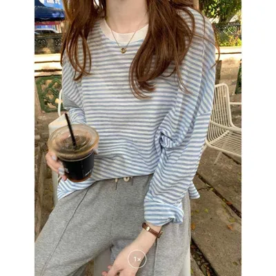 Tシャツ レディース カットソー 長袖 接触冷感 薄手 チュニック プルオーバー トップス ゆったり 丸首 クルーネック ボーダー柄 日焼け防止 防紫外線 UVカット 通気性 カジュアル フェミニン 春夏