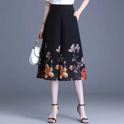 ワイドパンツ レディース ガウチョパンツ 7分丈 シフォン プリント 花柄 フレア 涼しい 接触冷感 薄手 軽い ボトムス ズボン スカーチョ スカンツ ゆったり 楽ちん ウエストゴム カジュアル 体型カバー キュロット サマー