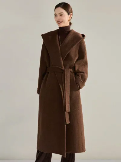 コート レディース ウール カシミヤ シルク フード付き ロング アウター ダブルフェイス 高級感 上品 羽織り 防寒 秋冬 通勤 デート 旅行 ベージュ グレー キャメル 30代 40代 大人