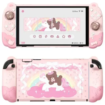 PlayVital Switch2用ドック対応保護カバーセット switch 2ドック対応 – スイッチ2対応着脱式 耐衝撃 傷防止 可愛いシリコングリップ&くまちゃんスティックカバー付き|おやすみベア-ピンク