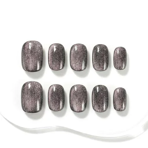 Sun&Beam Nails 手作りネイルチップ ショート ラウンド ブラック ピンク キャットアイ L (#108)