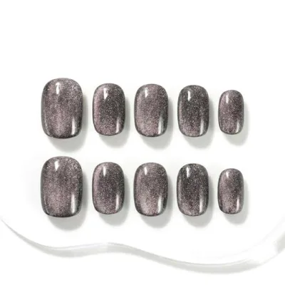 Sun&Beam Nails 手作りネイルチップ ショート ラウンド ブラック ピンク キャットアイ L (#108)