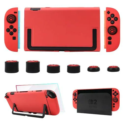 RALAN Nintendo Switch 2 カバー ニンテンドースイッチ 2 カバー ドック対応 +Switch 2ガラスフィルム1枚+6親指キャップ TPU製ソフトケース ジョイコンカバー クリア ケース 可愛い透明パープルデザ…