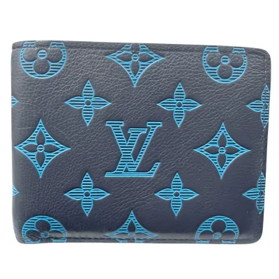 LOUIS VUITTON 美品 ルイヴィトン ポルトフォイユ ミュルティプル モノグラムシャドウ 二つ折り財布 レザー RFID確認済 ブルー コンパクト ミニ財布 札入れ カードケース ABランク 中古 鑑定済