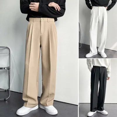 スラックス メンズ 夏用 男性用 ワイド パンツ 薄手 ドレープ フロア レングス パンツ 高級感 カジュアル ゆったり ストレート レッグ 冷感 高級感 ミディアム ローウエスト 伸縮性 ロング ファッション ズボン