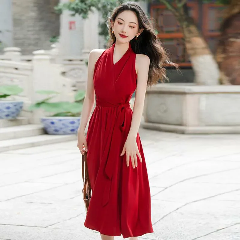 ワンピース フレンチ レッド レトロ ドレス ノースリーブ ロング スカート 女性 夏 vネック ロングワンピース