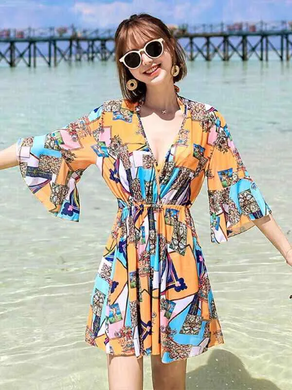 水着 レディース ファッション 夏 プール ビーチ Vネック スカート セパレート ウエストカバー 温泉 スリーピース