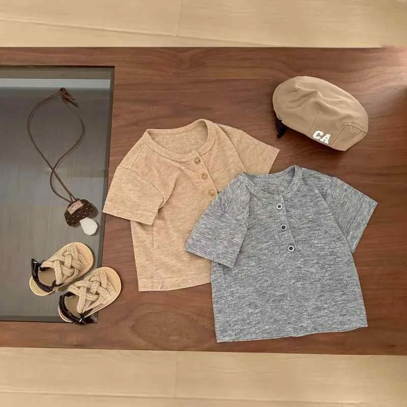 Tシャツ ベビー 男の子 韓国風 カジュアル シンプル 半袖 クルーネック 軽量 薄手 通気性 吸湿速乾 ソフト ポリエステル 無地 普段使い 春夏 カーキ グレー トップス