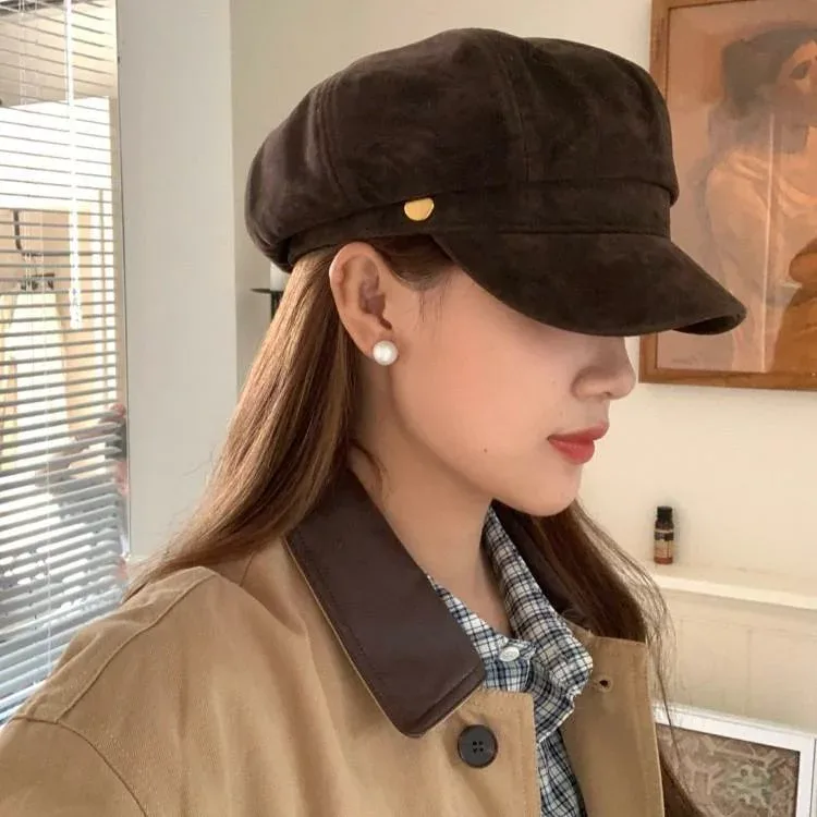 ベレー帽 レディース 女性用 八角形 画家帽 韓国風 レトロ クラシック 上品 ブラウン系 モカ スエード調 小顔効果 普段使い 秋冬 キャスケットタイプ