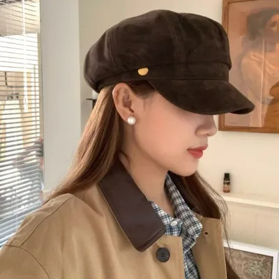 ベレー帽 レディース 女性用 八角形 画家帽 韓国風 レトロ クラシック 上品 ブラウン系 モカ スエード調 小顔効果 普段使い 秋冬 キャスケットタイプ