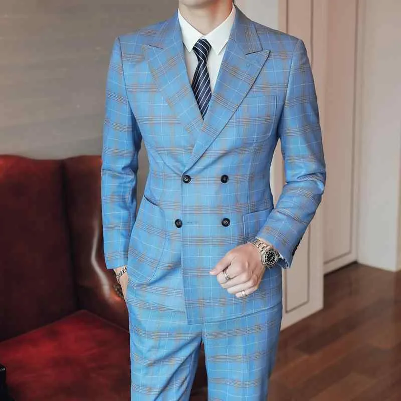 スーツ メンズ チェック柄 スリーピース スリムフィット 結婚式 新郎 ゲスト 披露宴 二次会 フォーマル ビジネス 礼服 カジュアル ライトブルー 韓国風