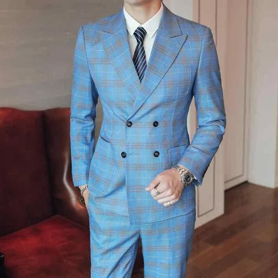 スーツ メンズ チェック柄 スリーピース スリムフィット 結婚式 新郎 ゲスト 披露宴 二次会 フォーマル ビジネス 礼服 カジュアル ライトブルー 韓国風