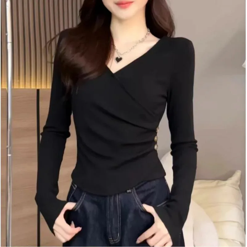 Women's V-neck Long Sleeve Ribbed T-Shirt Cut and Sew Slim Tight Stretch Elastic Polyester Thin Inner Layering Autumn/Winter Commuting Office Daily Use Casual Beautiful