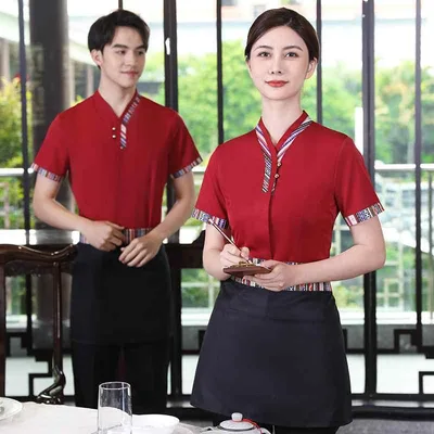 飲食店ユニフォーム レディース 半袖 中華風 レトロ コットンブレンド 吸湿速乾 ホテル 旅館 レストラン カフェ 茶館 火鍋店 観光農園 スタッフ 接客 制服 春夏