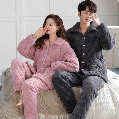 Pajamas Roomwear Pair Couple Women's Men's Coral Fleece 3-Layer Filled Quilted Extra Thick Brushed Lining Heat Retention Warm Luxury Autumn/Winter Top and Bottom Set Long Sleeve Long Pants Casual Loungewear