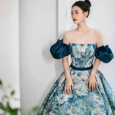 ワンピース レディース オフショルダー パフスリーブ ロング丈 ボリュームスカート 結婚式 二次会 披露宴 お呼ばれ 演奏会 発表会 イブニング パーティー 花嫁 司会