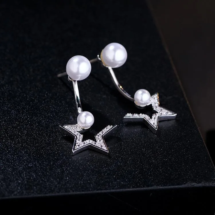 Earrings for women, Korean style, elegant, star, pearl, back catch, S925 post, hypoallergenic, 2way, zirconia, white, everyday use, formal