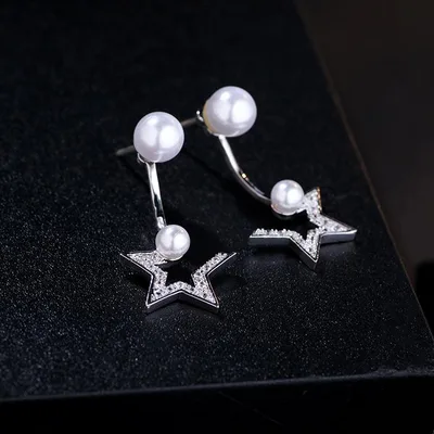 Earrings for women, Korean style, elegant, star, pearl, back catch, S925 post, hypoallergenic, 2way, zirconia, white, everyday use, formal