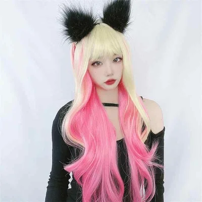フルウィッグ レディース 女性用 ロング ウェーブ カール ゴールド ピンク グラデーション ぱっつん前髪 かわいい 韓国風 耐熱ファイバー