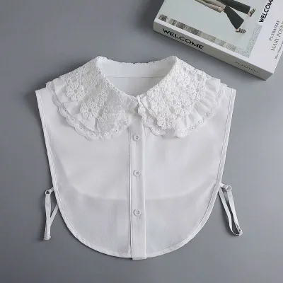 つけ襟 レディース ホワイト シフォン レース ワイドラペル ドールカラー 花柄 飾り襟 重ね着 オフィス 普段使い