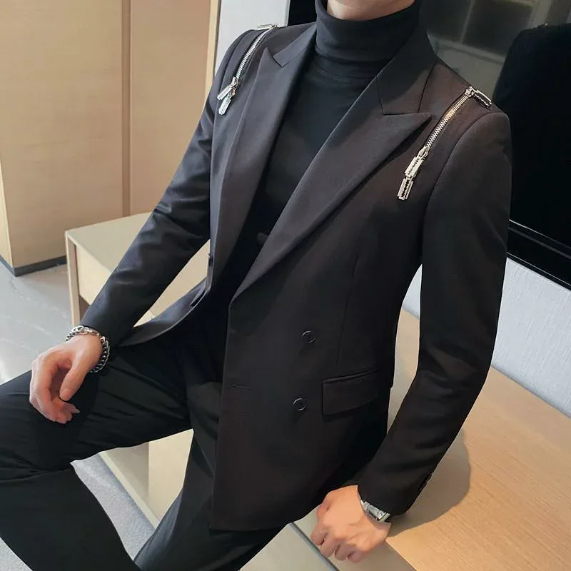 テーラードジャケット メンズ 男性用 パンク クール スタイリッシュ スリムフィット ダブルブレスト ジッパー装飾 ポリエステル カジュアル 秋冬 ブラック アウター