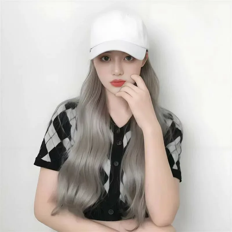 ウィッグ レディース 女性用 帽子一体型 アッシュグレー グレイヘア ロングヘア 長髪 ウェーブ 耐熱ファイバー マシンメイド 韓国風 小顔効果 普段使い デイリー